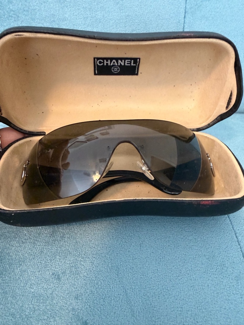 CHANEL Shield Sunglasses with Dark Smoke Lenses and Black Accents